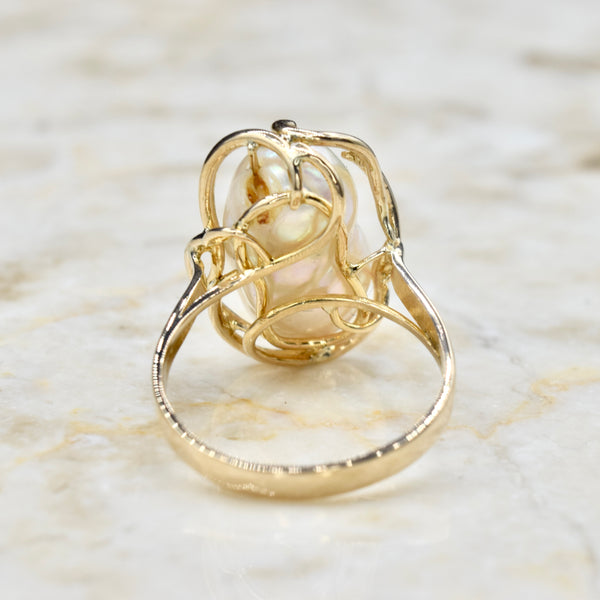 Vintage 14k Gold Baroque Pearl Wirework Ring c.1970s