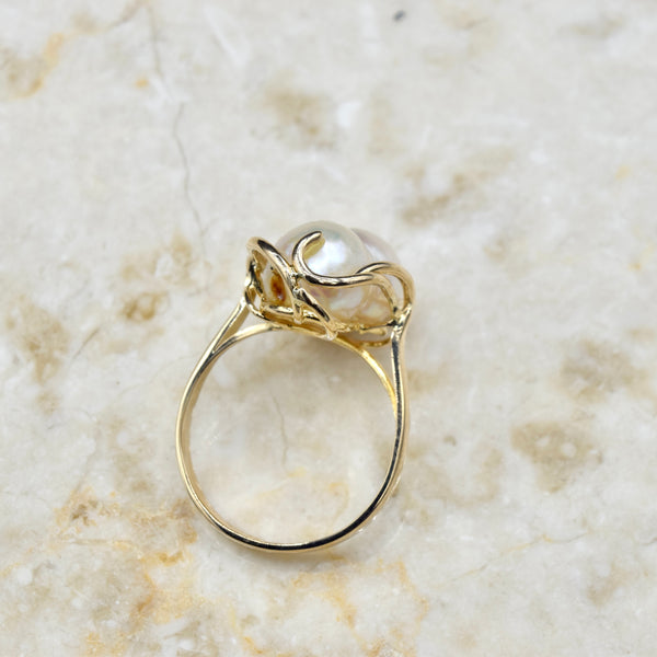 Vintage 14k Gold Baroque Pearl Wirework Ring c.1970s