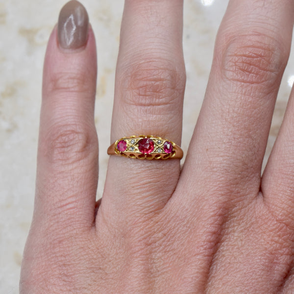 Antique Victorian 18k Gold Garnet and Diamond Band Ring English Hallmarks Birmingham 1905