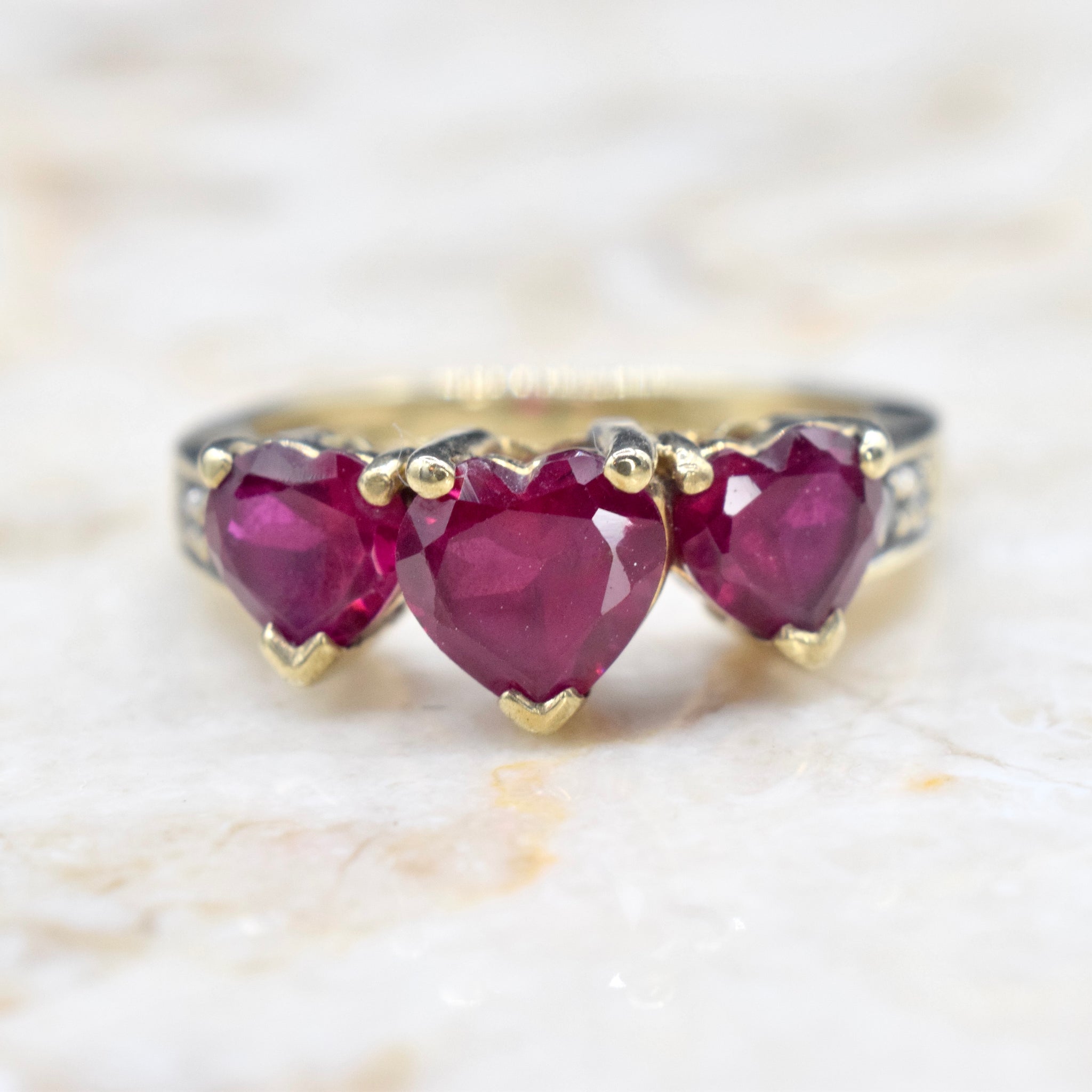 Vintage 10k Gold Heart Cut Lab Ruby and Diamond Ring c.1990s