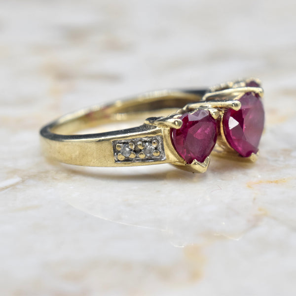 Vintage 10k Gold Heart Cut Lab Ruby and Diamond Ring c.1990s