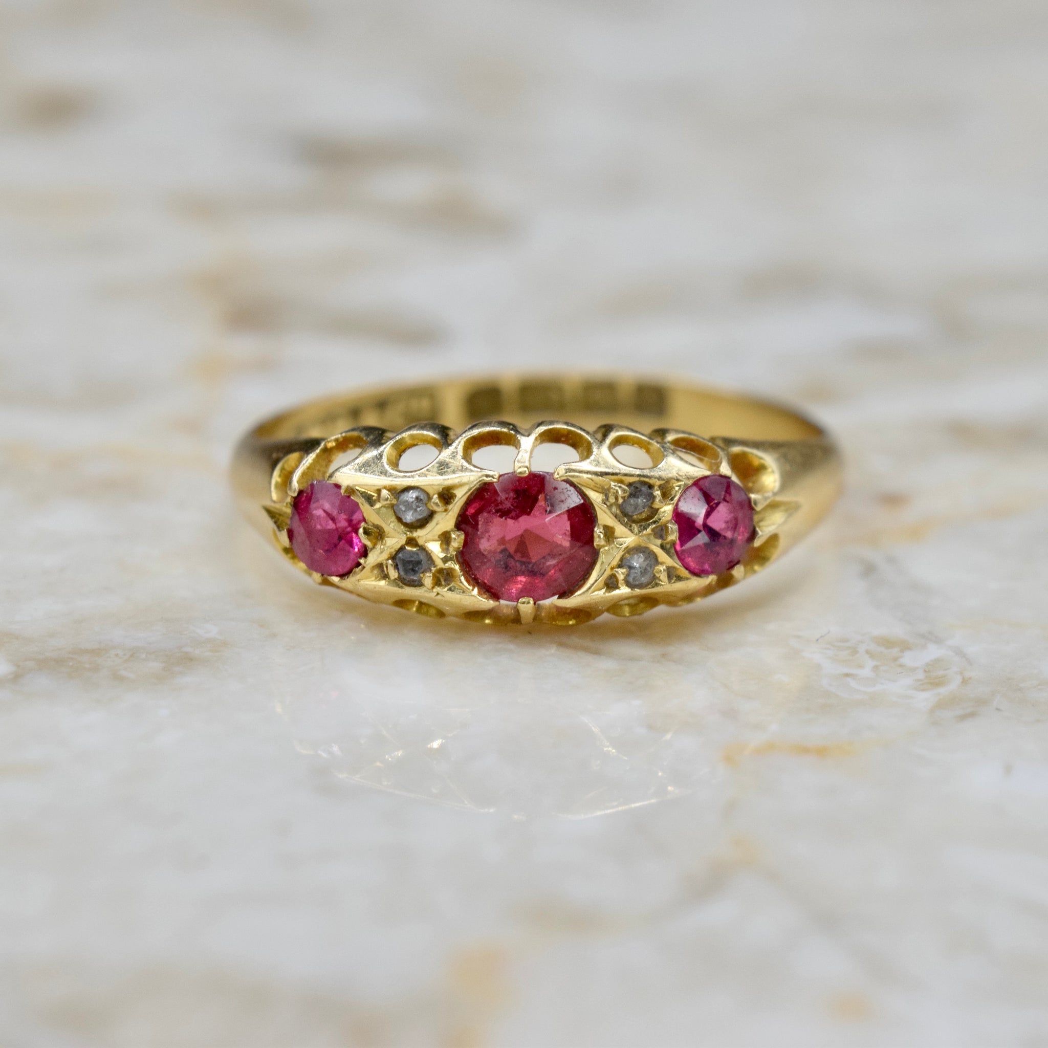 Antique Victorian 18k Gold Garnet and Diamond Band Ring English Hallmarks Birmingham 1905