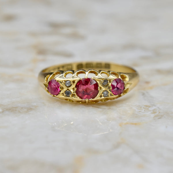 Antique Victorian 18k Gold Garnet and Diamond Band Ring English Hallmarks Birmingham 1905