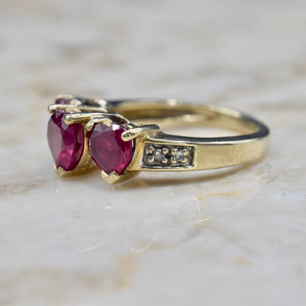 Vintage 10k Gold Heart Cut Lab Ruby and Diamond Ring c.1990s