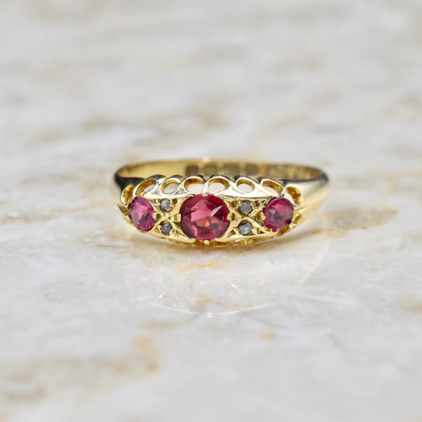 Antique Victorian 18k Gold Garnet and Diamond Band Ring English Hallmarks Birmingham 1905