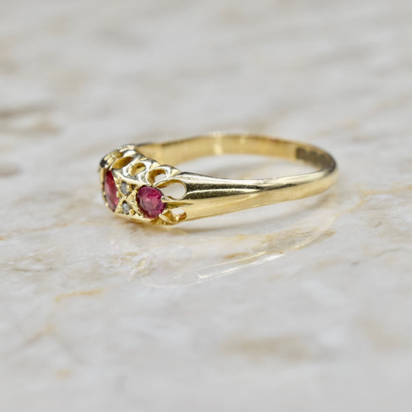 Antique Victorian 18k Gold Garnet and Diamond Band Ring English Hallmarks Birmingham 1905