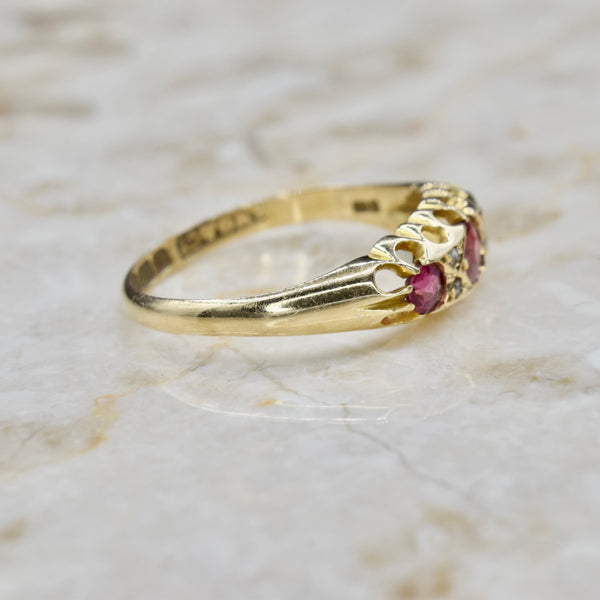 Antique Victorian 18k Gold Garnet and Diamond Band Ring English Hallmarks Birmingham 1905