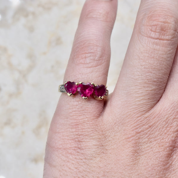 Vintage 10k Gold Heart Cut Lab Ruby and Diamond Ring c.1990s