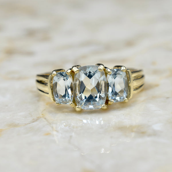 Vintage 14k Gold Three Stone Cushion Cut Aquamarine Ring