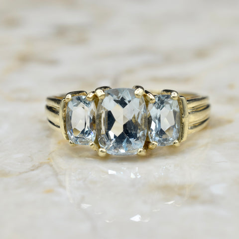 Vintage 14k Gold Three Stone Cushion Cut Aquamarine Ring