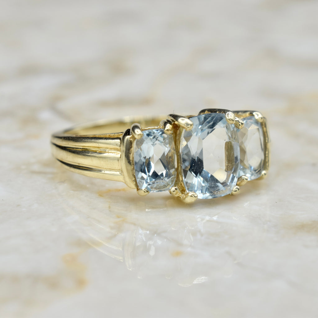 Vintage 14k Gold Three Stone Cushion Cut Aquamarine Ring