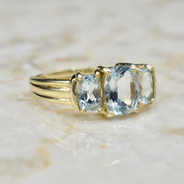 Vintage 14k Gold Three Stone Cushion Cut Aquamarine Ring