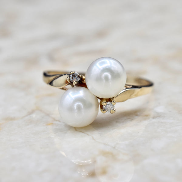 Vintage 14k Gold Pearl and Diamond Toi et Moi Ring