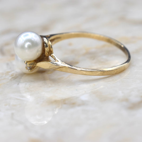 Vintage 14k Gold Pearl and Diamond Toi et Moi Ring