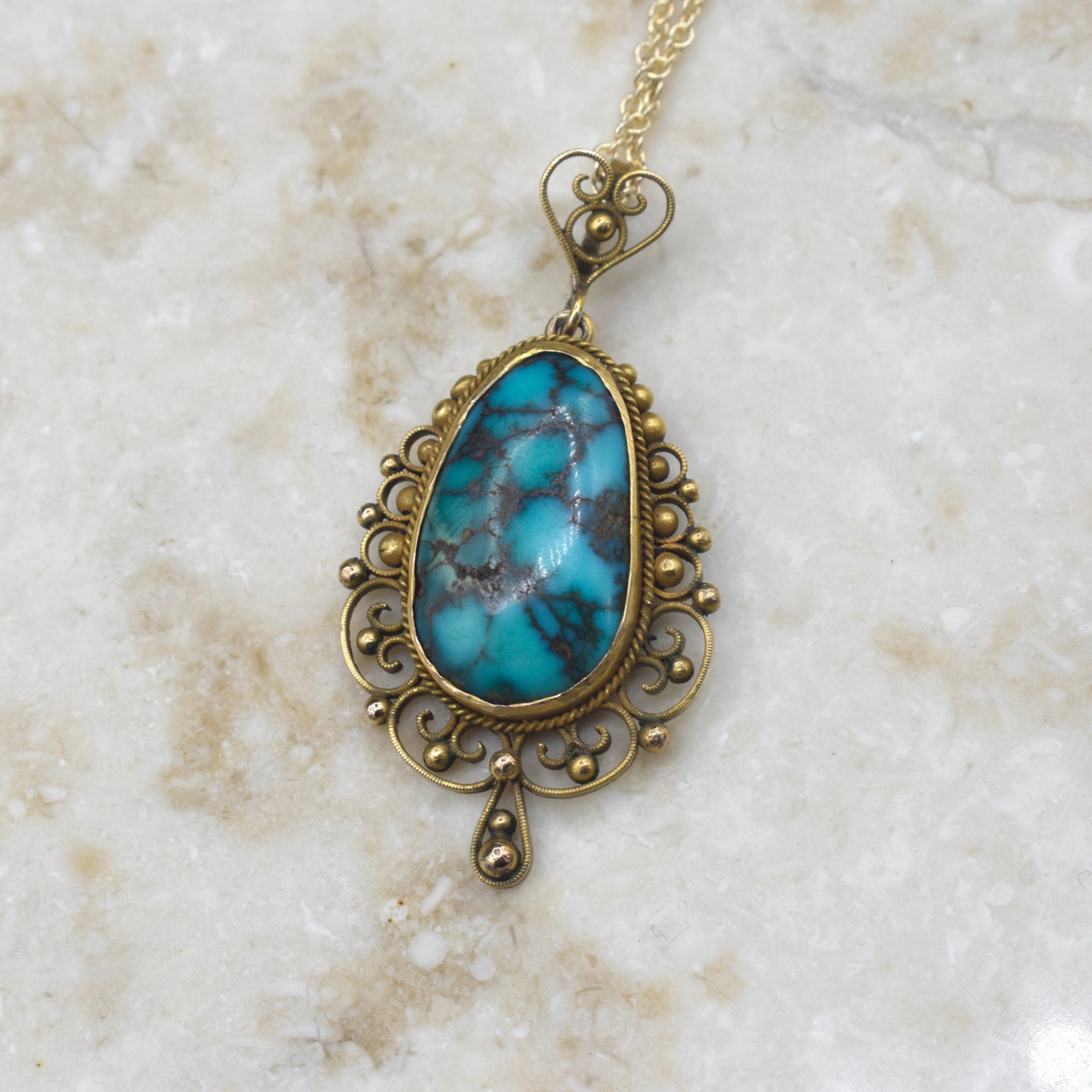 Antique 14k Gold Filigree Turquoise Nugget Pendant Necklace
