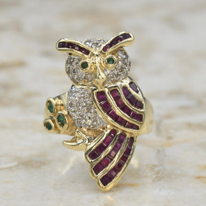 Vintage 14k Gold Owl Ring With Diamonds, Rubies, and Emeralds c.1970s