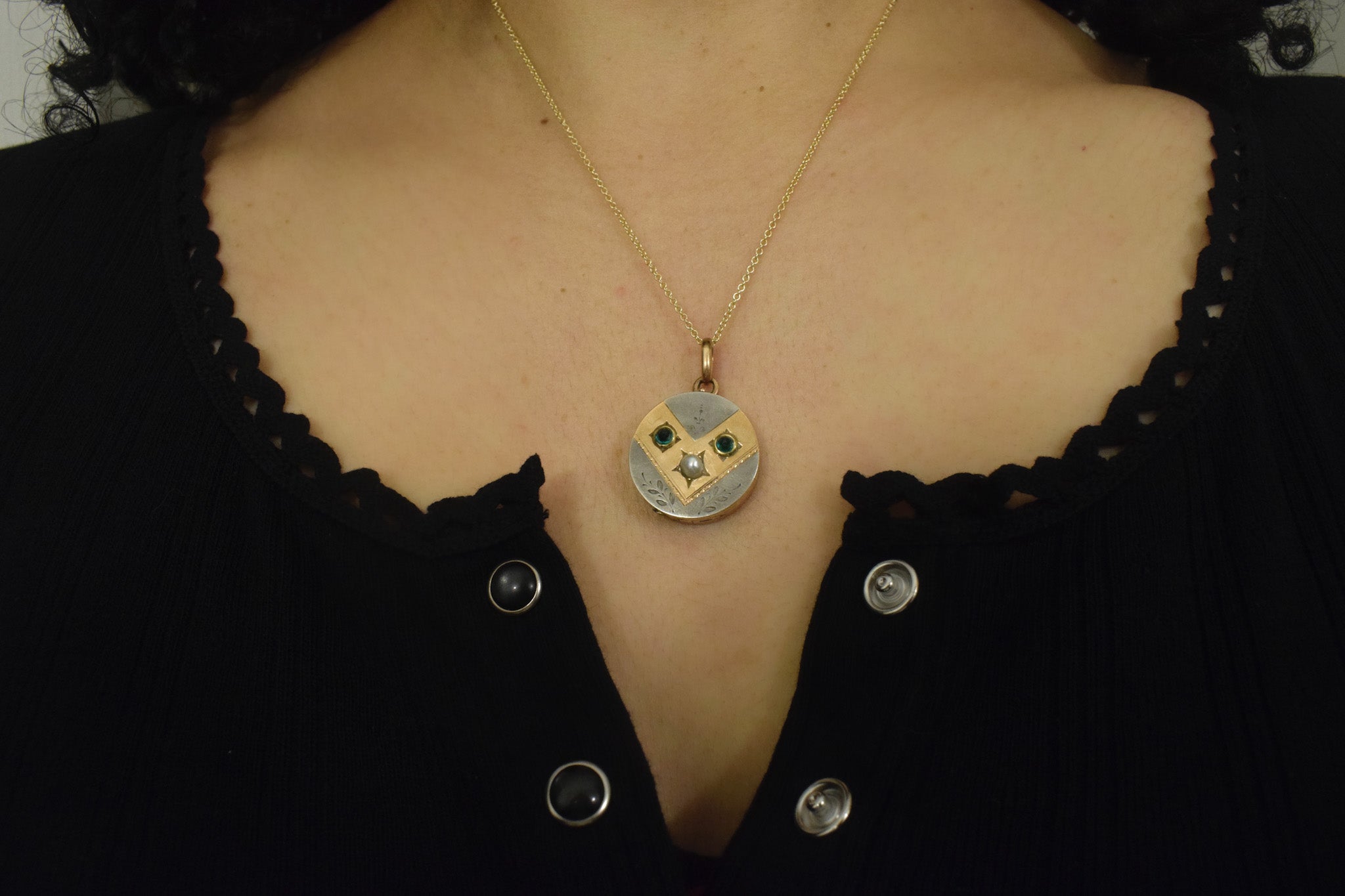 Antique Victorian Locket 10k Gold and Silver Emerald and Pearl c.1890s