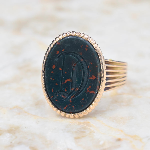 Antique Victorian 18k Gold D Bloodstone Signet Ring c.1880s