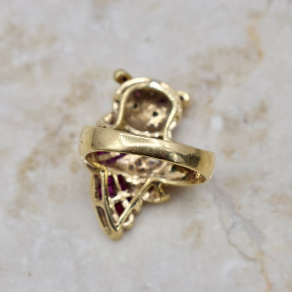 Vintage 14k Gold Owl Ring With Diamonds, Rubies, and Emeralds c.1970s