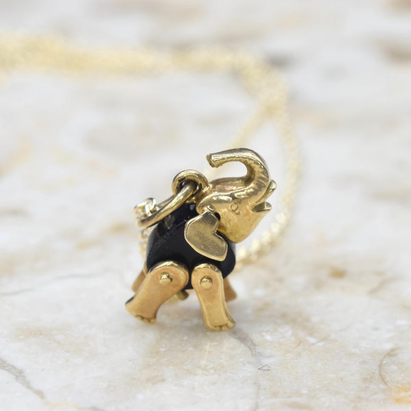 Vintage 14k Gold Onyx Articulated Elephant Charm c.1950s