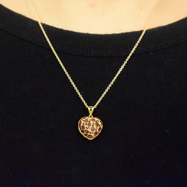 Vintage 14k Gold Sapphire and Ruby Puffed Heart Charm