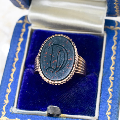 Antique Victorian 18k Gold D Bloodstone Signet Ring c.1880s