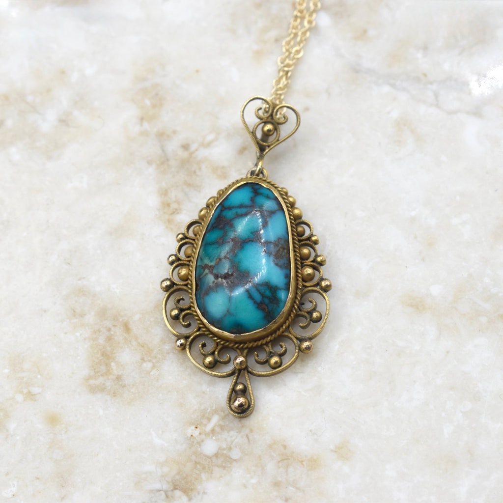 Antique 14k Gold Filigree Turquoise Nugget Pendant Necklace