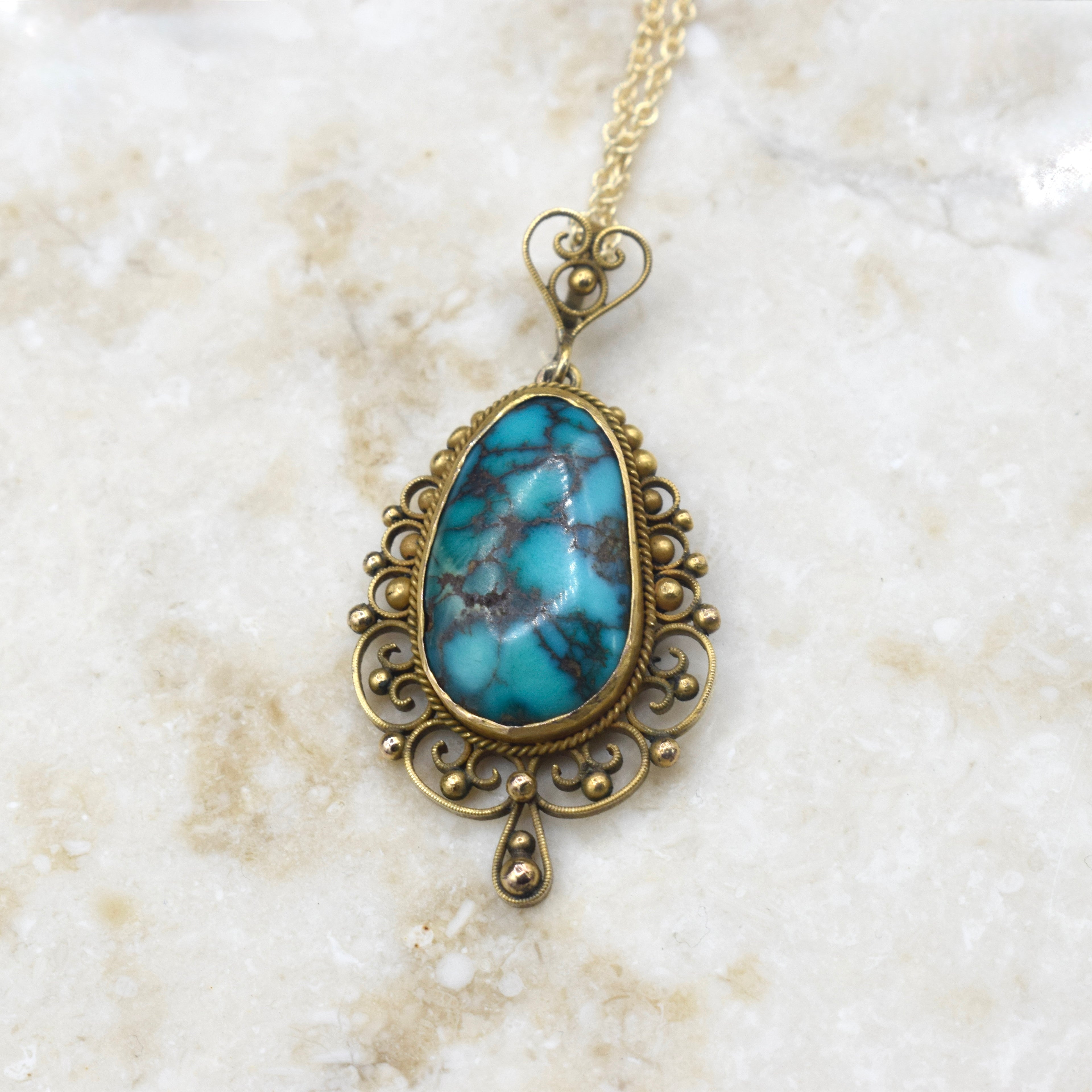 Antique 14k Gold Filigree Turquoise Nugget Pendant Necklace