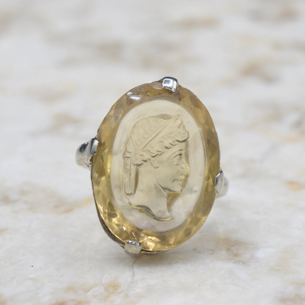 Antique 14k White Gold Carved Citrine Cameo Ring c.1920s