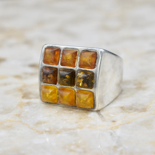 Vintage Sterling Silver Baltic Amber Signet Ring c.1970s