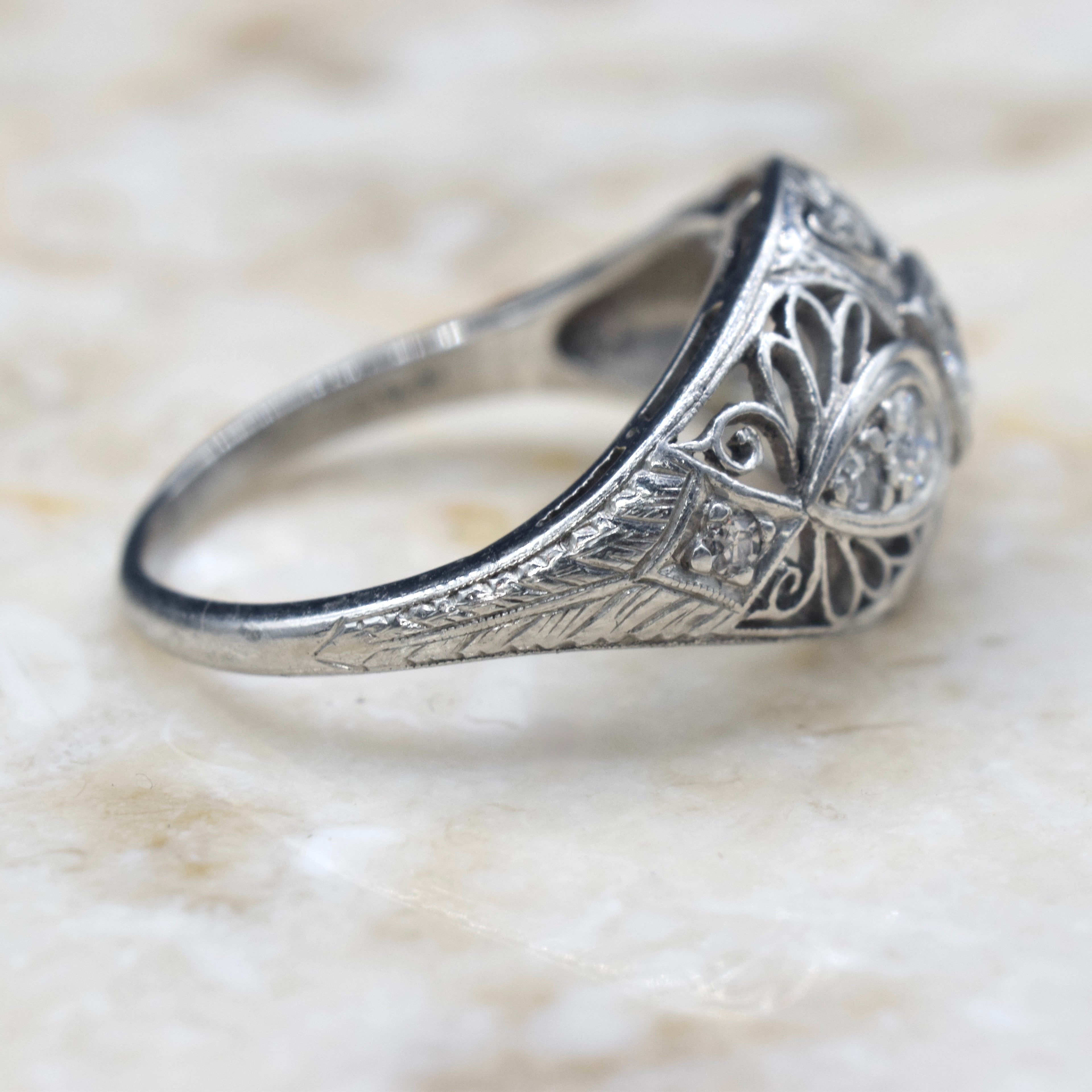 Antique Edwardian Platinum and Old European Cut Diamond Filigree Ring c.1910