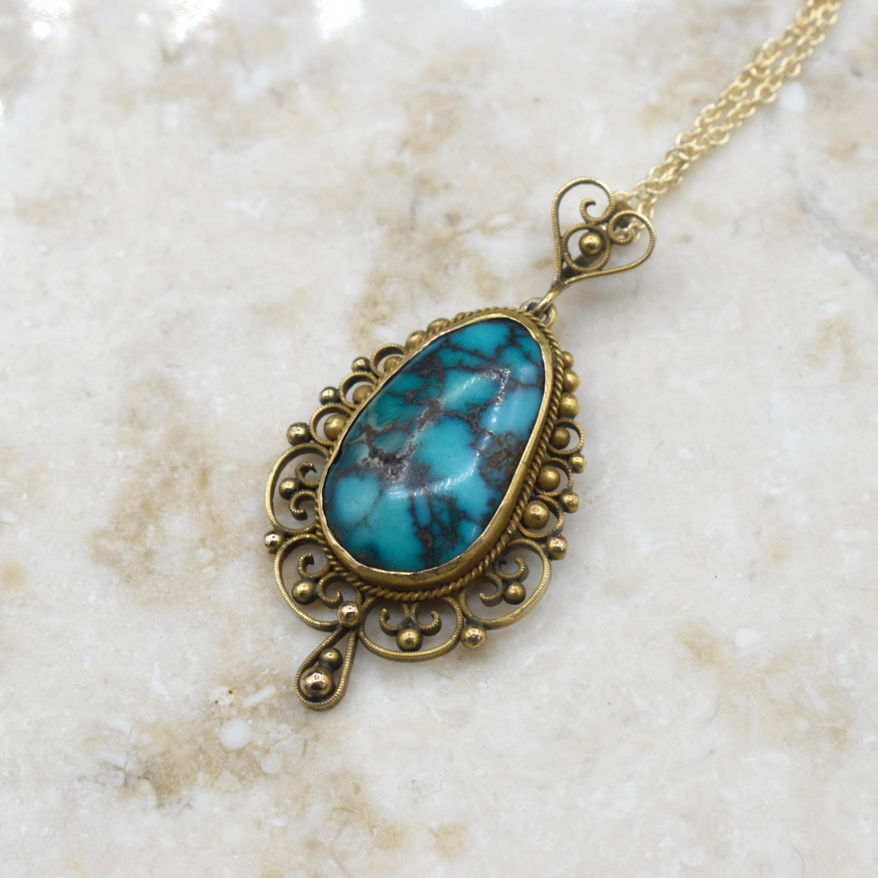 Antique 14k Gold Filigree Turquoise Nugget Pendant Necklace