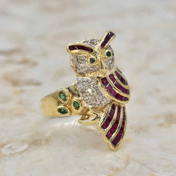 Vintage 14k Gold Owl Ring With Diamonds, Rubies, and Emeralds c.1970s