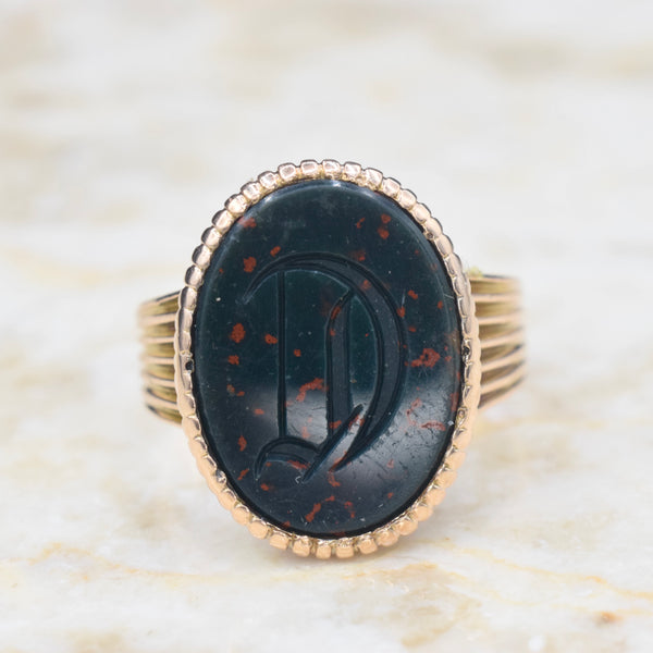 Antique Victorian 18k Gold D Bloodstone Signet Ring c.1880s