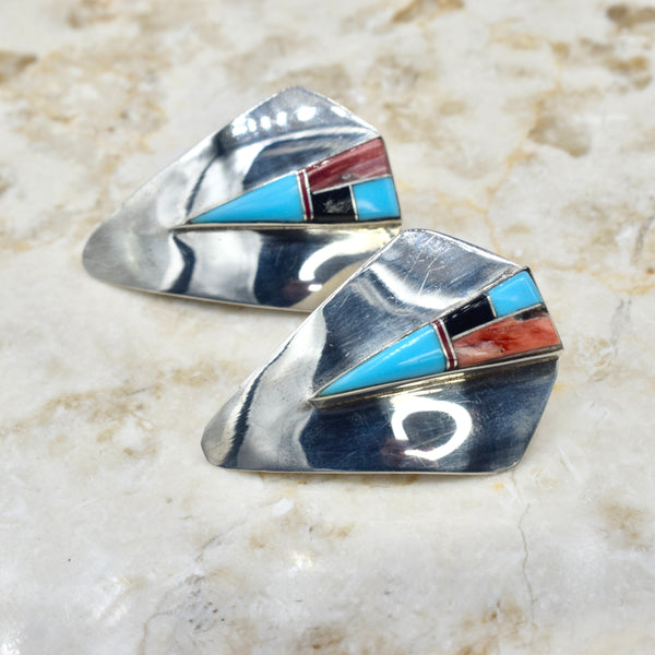 Vintage Native American Sterling Silver Turquoise, Onyx, Spiny Oyster Shield Earrings c.1970s