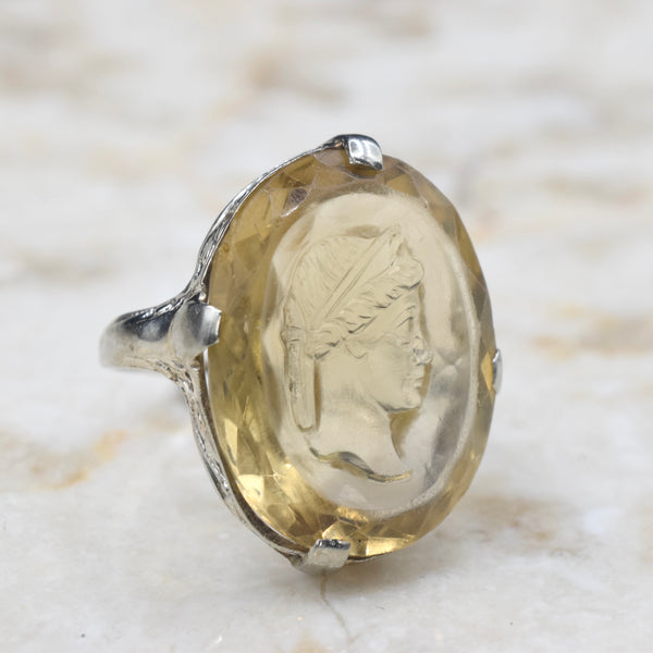 Antique 14k White Gold Carved Citrine Cameo Ring c.1920s