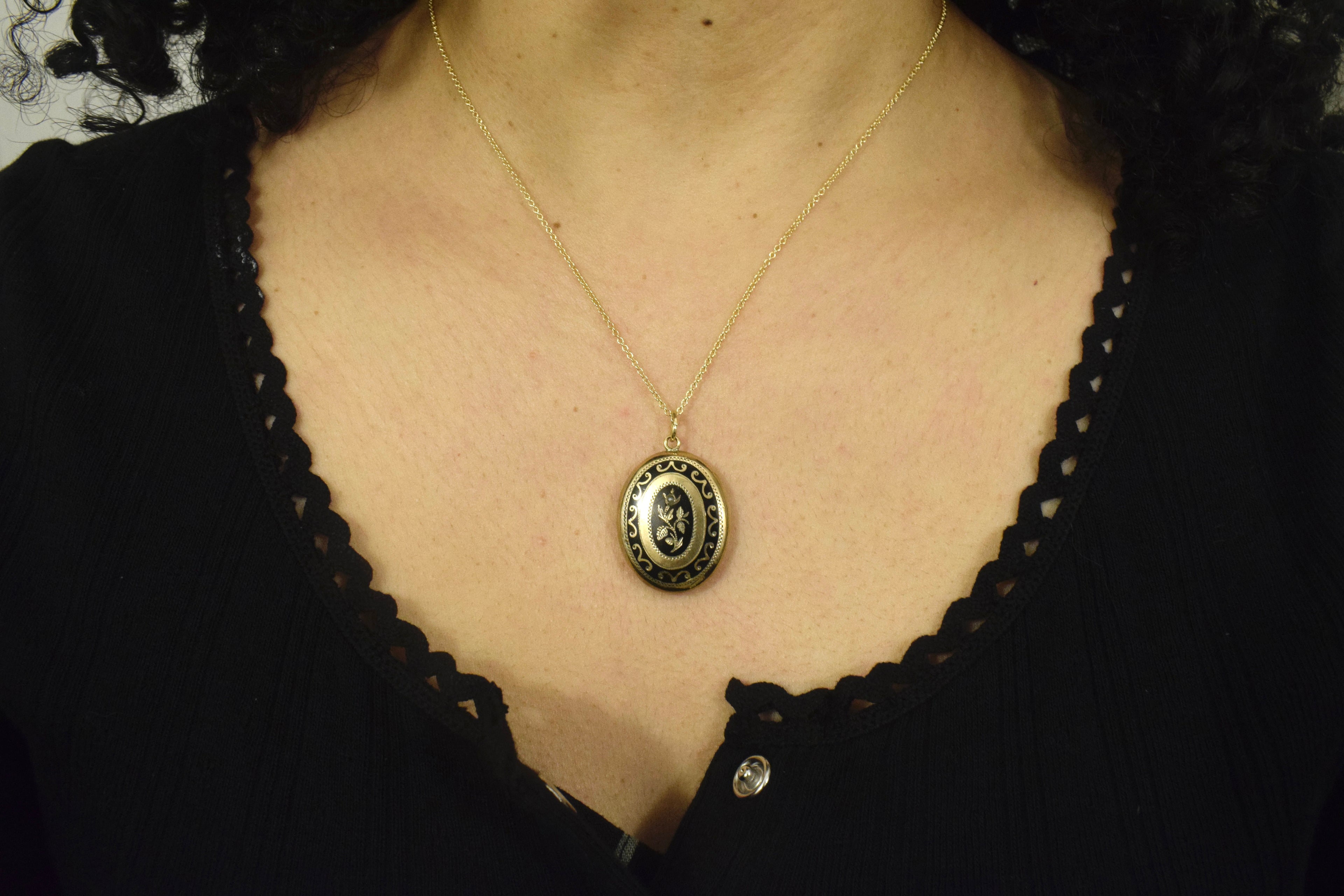 Antique Victorian Mourning Locket 14k Gold Enamel and Seed Pearl Locket