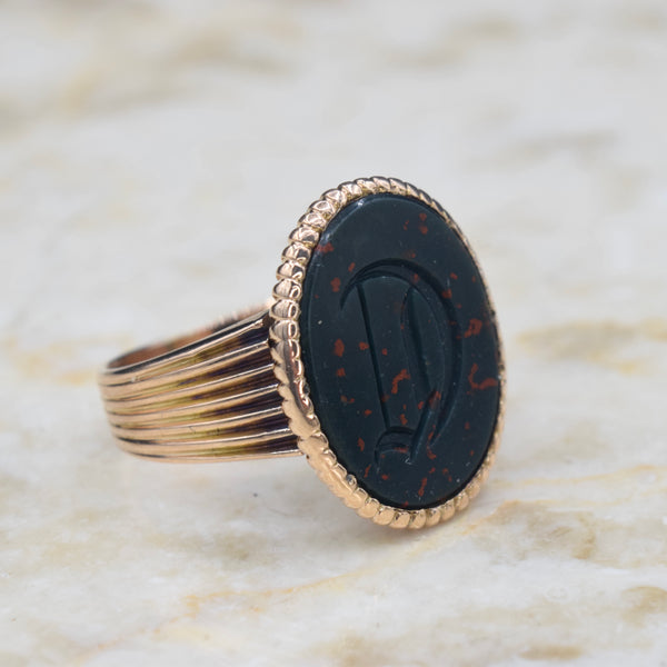 Antique Victorian 18k Gold D Bloodstone Signet Ring c.1880s