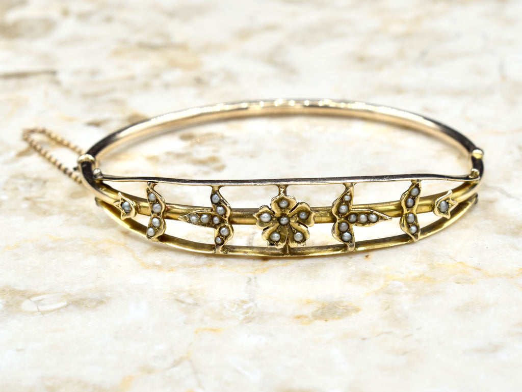 Antique Edwardian 14k Gold Seed Pearl Hinged Bangle Bracelet