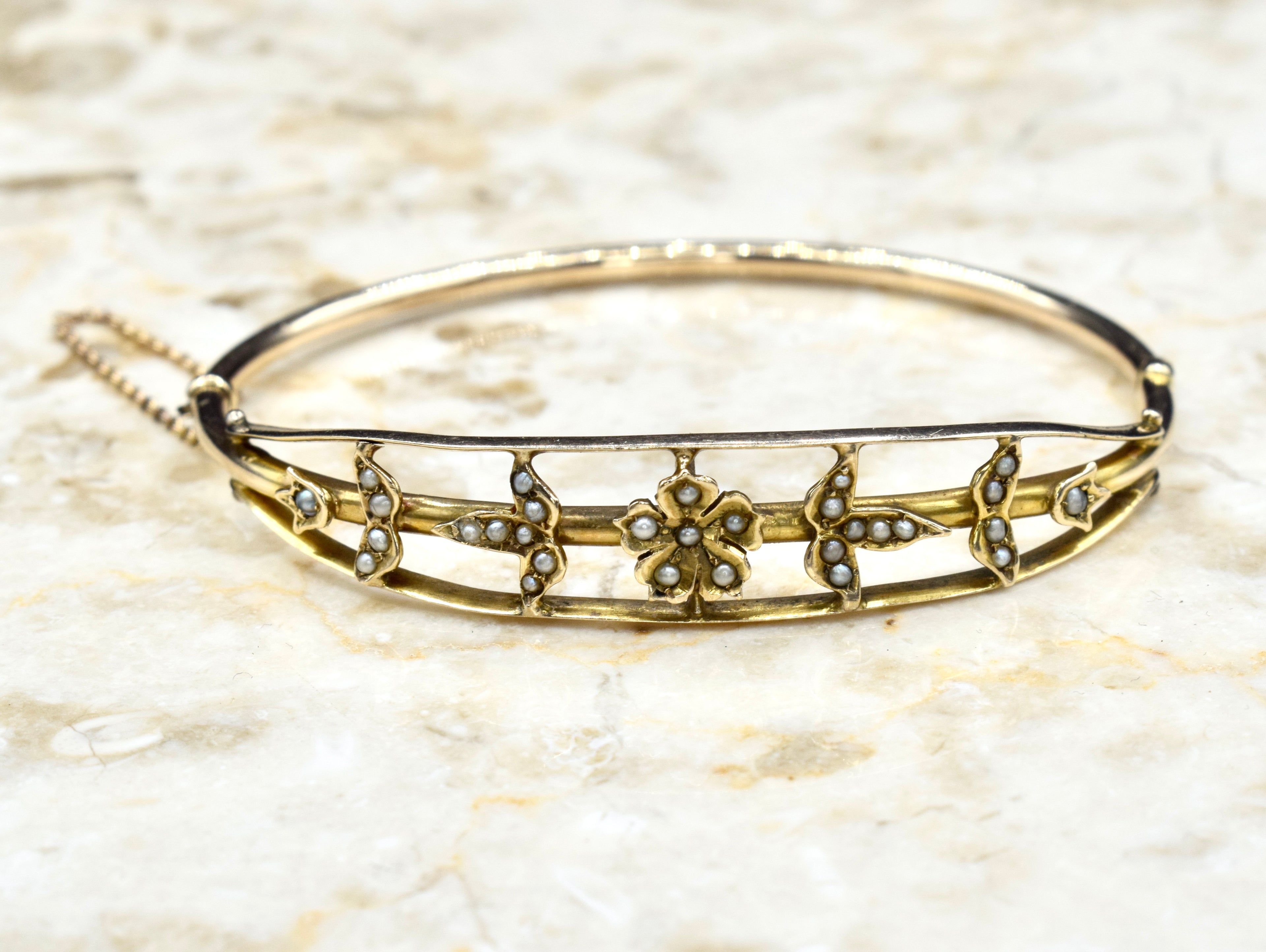 Antique Edwardian 14k Gold Seed Pearl Hinged Bangle Bracelet