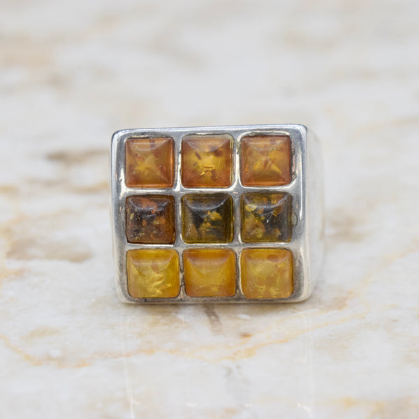 Vintage Sterling Silver Baltic Amber Signet Ring c.1970s