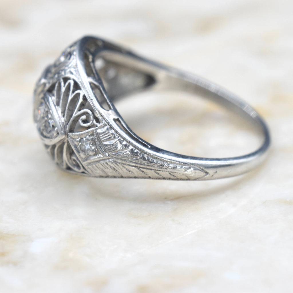 Antique Edwardian Platinum and Old European Cut Diamond Filigree Ring c.1910