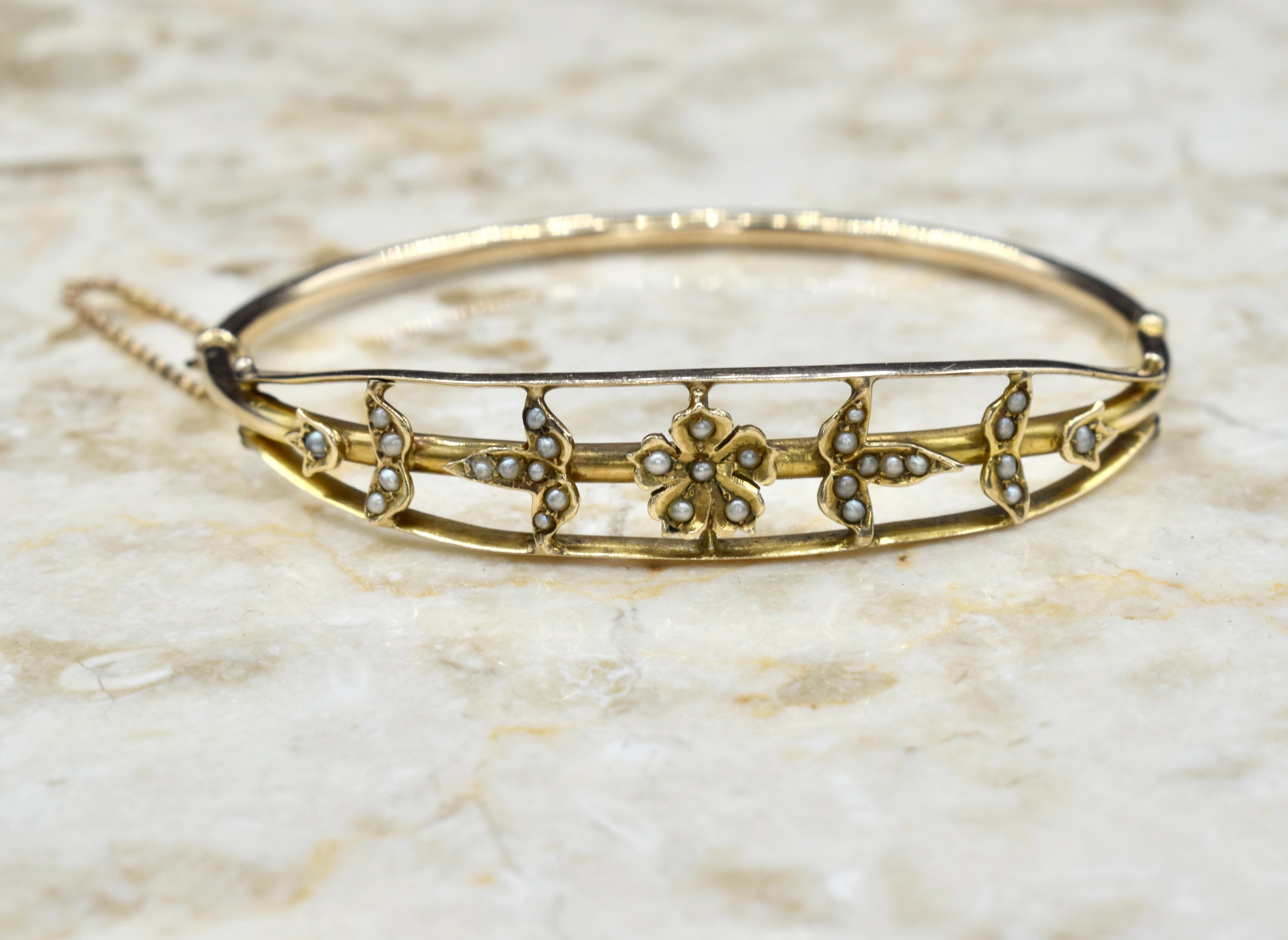 Antique Edwardian 14k Gold Seed Pearl Hinged Bangle Bracelet