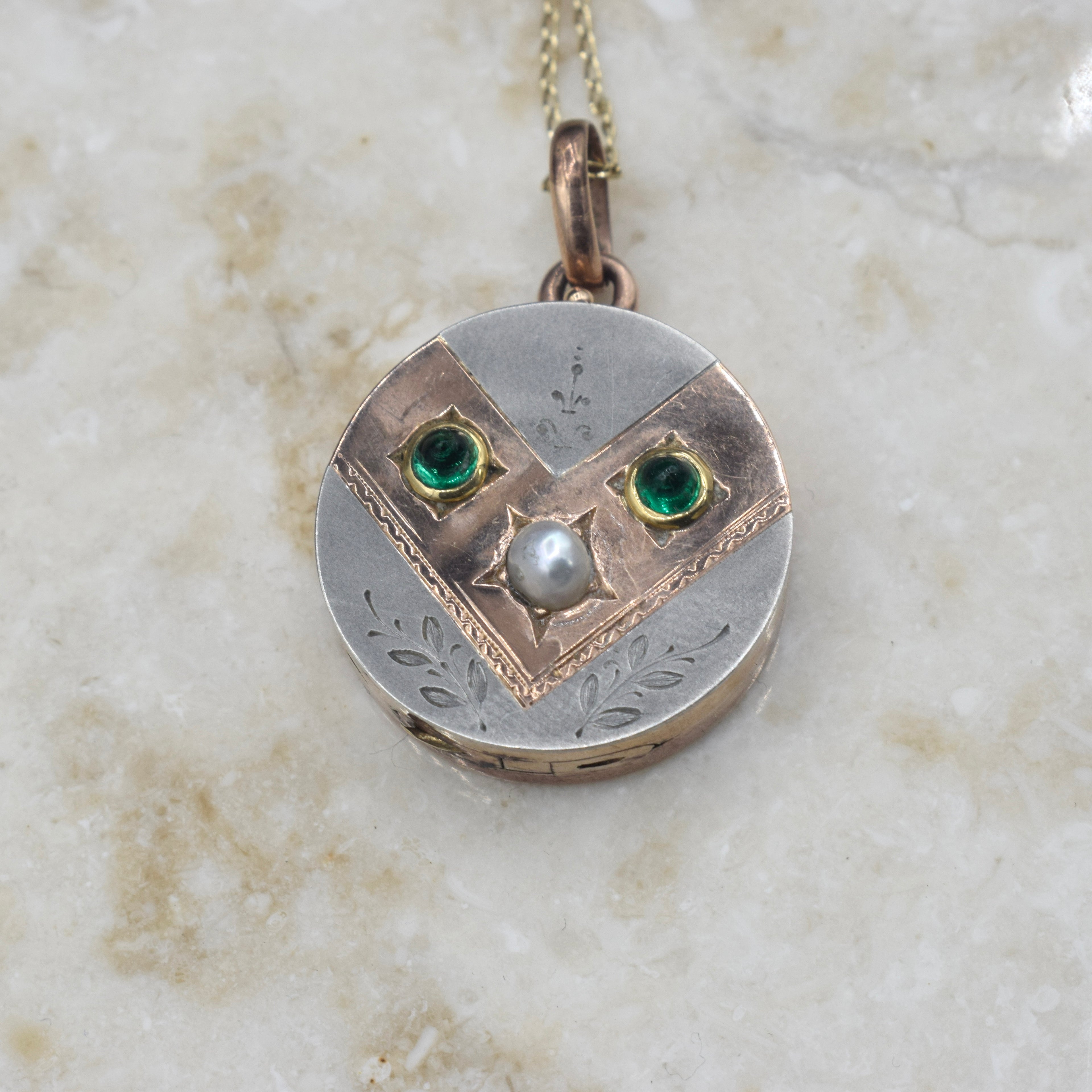 Antique Victorian Locket 10k Gold and Silver Emerald and Pearl c.1890s