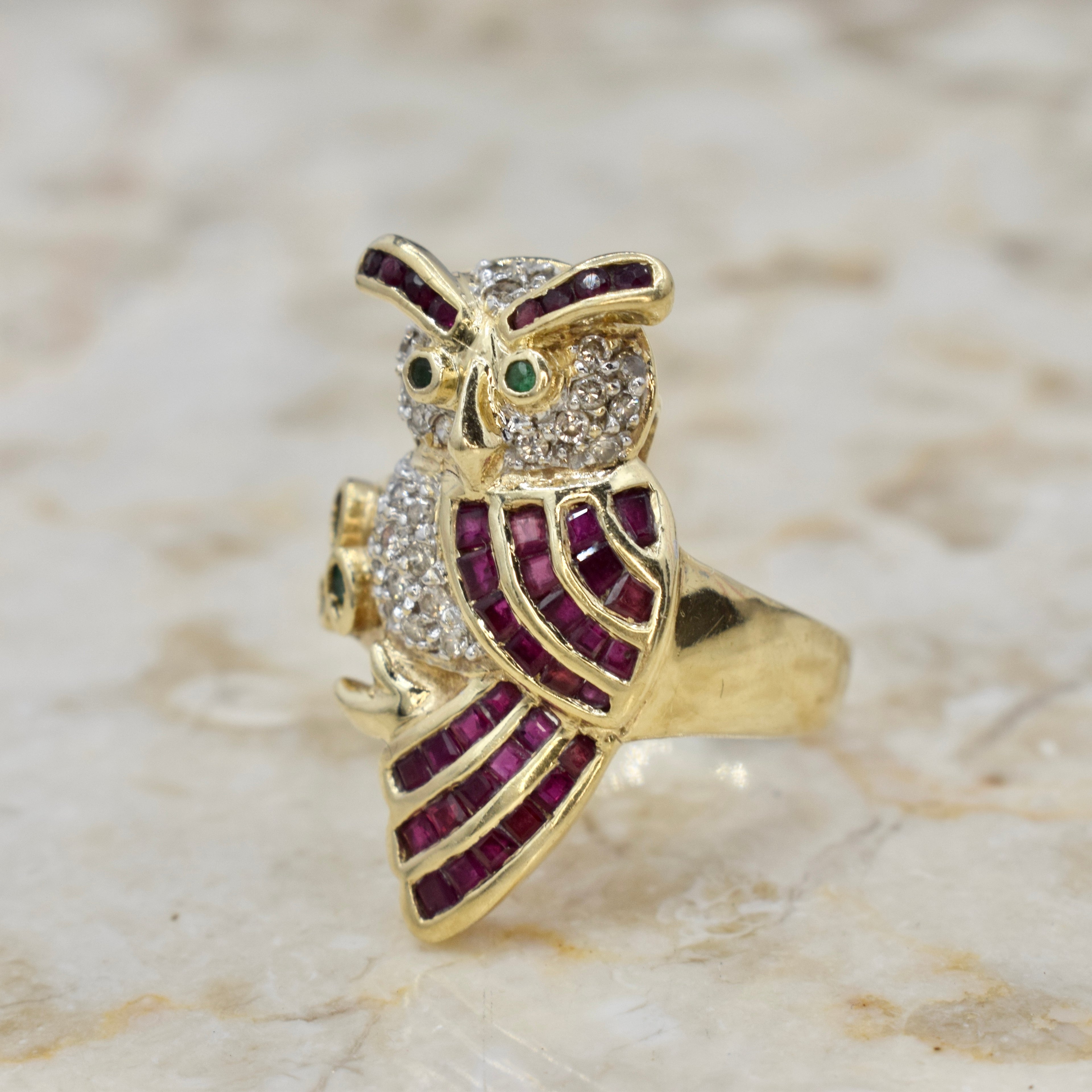 Vintage 14k Gold Owl Ring With Diamonds, Rubies, and Emeralds c.1970s