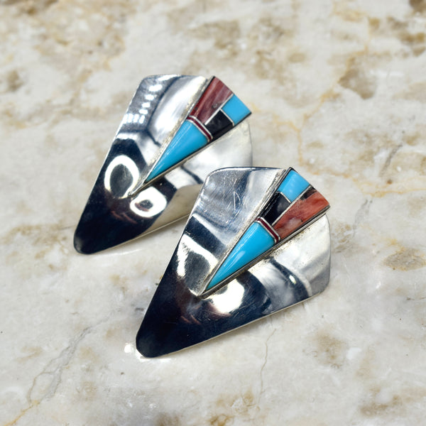 Vintage Native American Sterling Silver Turquoise, Onyx, Spiny Oyster Shield Earrings c.1970s