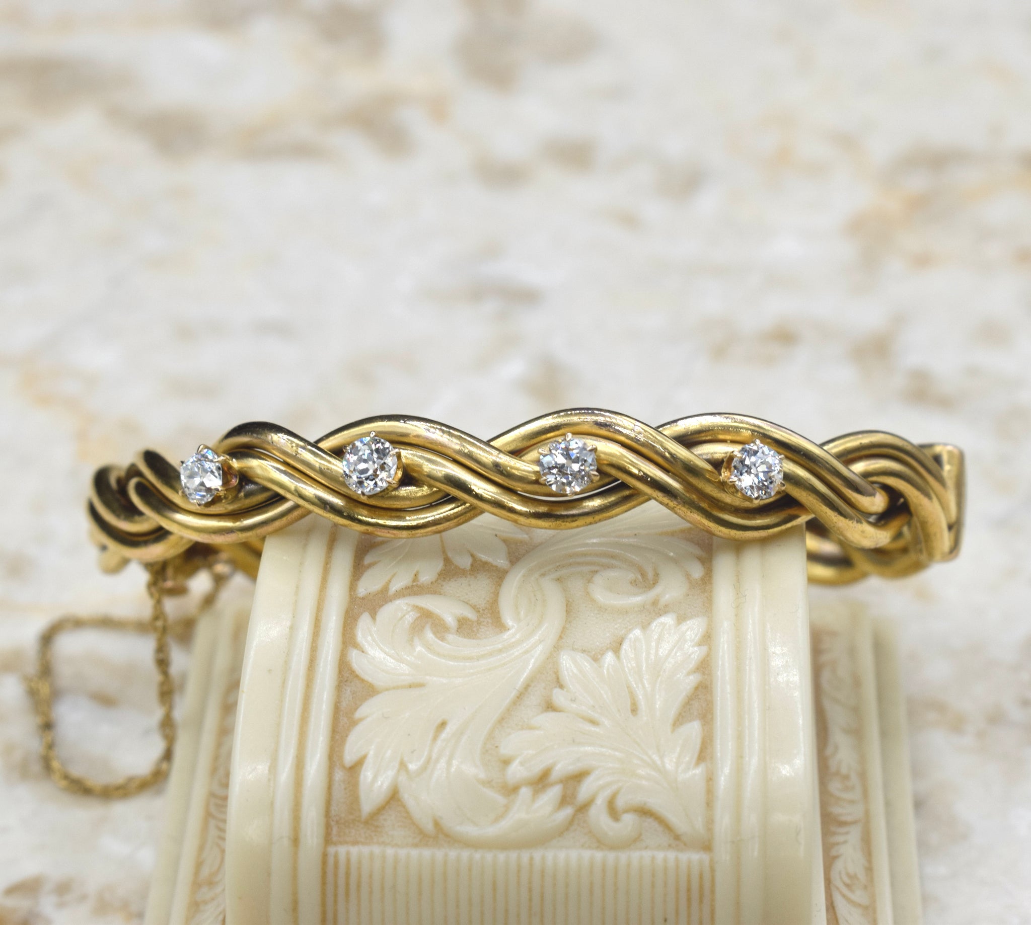 Antique Victorian 14k Gold Old European Cut Diamond Hinged Bangle Bracelet