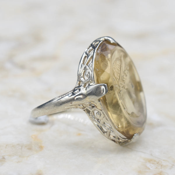 Antique 14k White Gold Carved Citrine Cameo Ring c.1920s