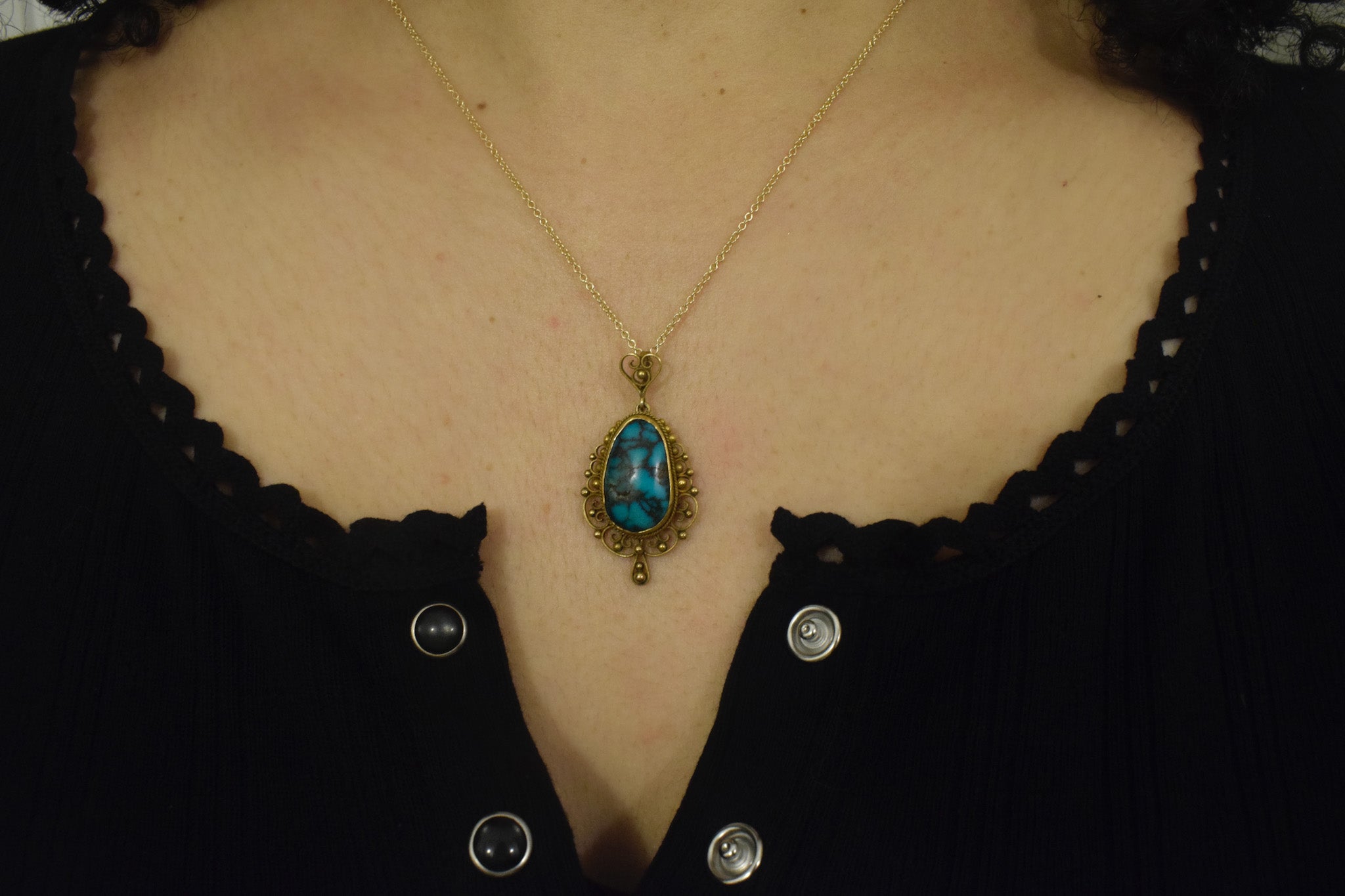 Antique 14k Gold Filigree Turquoise Nugget Pendant Necklace