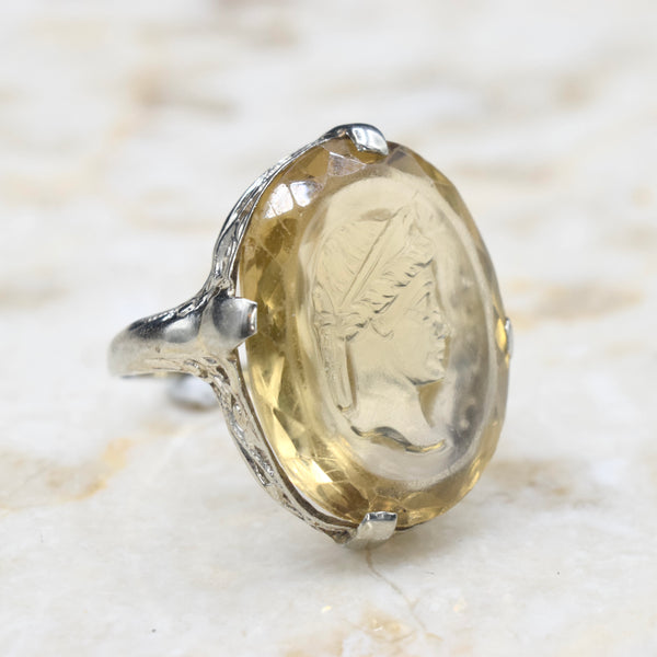 Antique 14k White Gold Carved Citrine Cameo Ring c.1920s